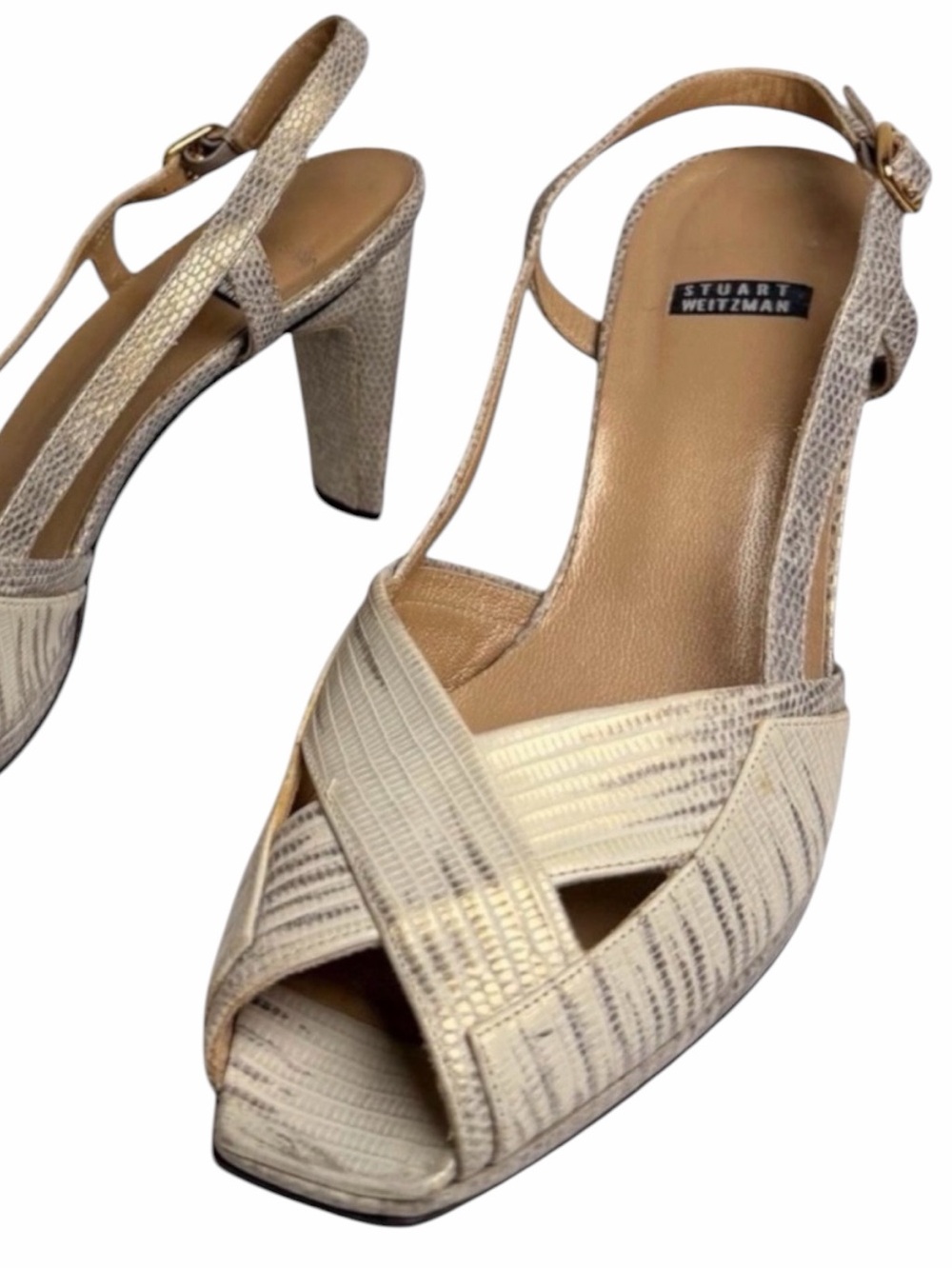 Stuart Weitzman Vintage‎ Y2K Metallic Gold Leather Slingback Heels Size 9